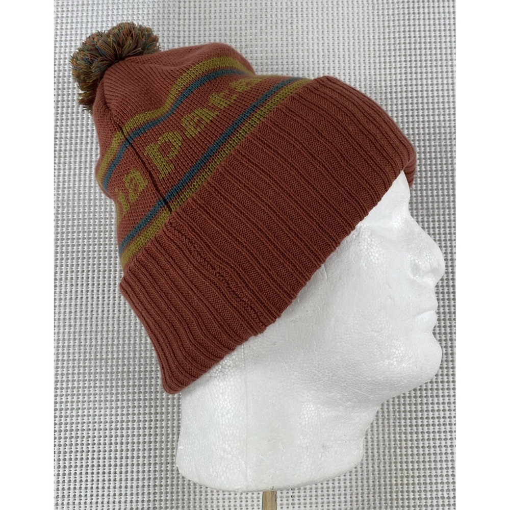 Patagonia Powder Town Pom Beanie Park Stripe Knit Spanish Red - Picture 7 of 9